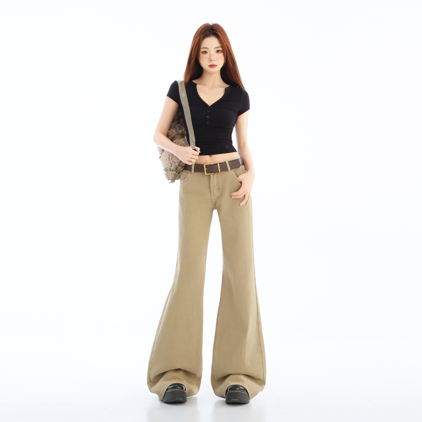 美式休闲卡其色低腰微喇牛仔裤女