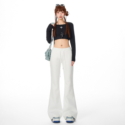 白色高腰抽绳休闲加绒卫裤女