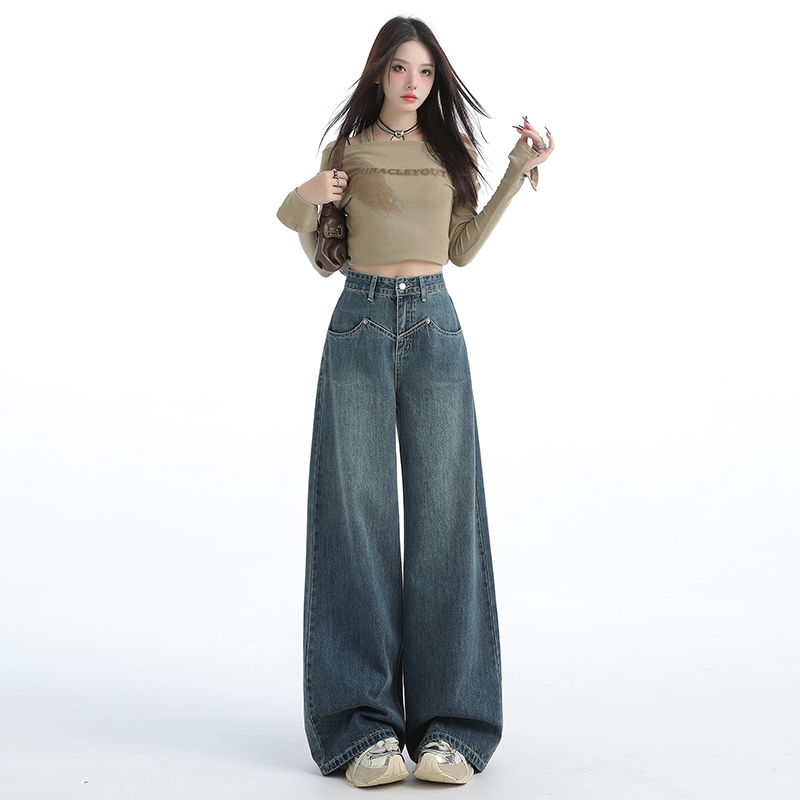 PVJ复古蓝高腰阔腿牛仔裤女2024秋冬款设计感宽松垂感直筒拖地裤