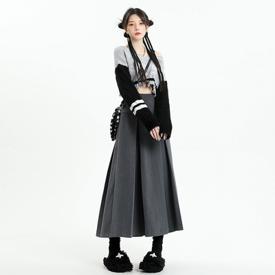 高级感灰色西装百褶裙女