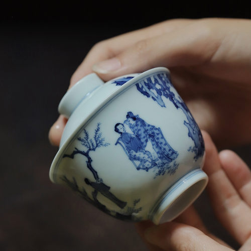 忘言曰何青花手绘盖碗景德镇陶瓷