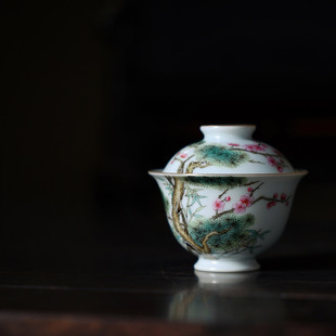 忘言手绘岁寒三友盖碗景德镇陶瓷粉彩手工茶碗功夫茶具中式