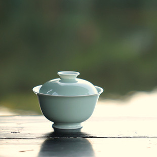 景德镇陶瓷豆青釉盖碗手工中式复古泡茶碗青花手绘小茶碗