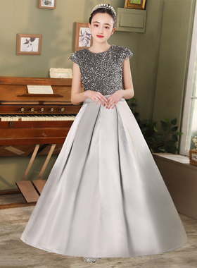 女童灰色钢琴演奏礼服公主裙女童小提琴主持人亮片合唱指挥表演服