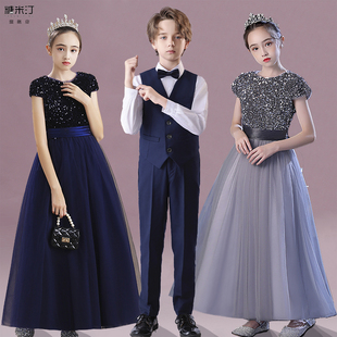 儿童合唱服高端钢琴演奏礼服女童灰色亮片纱裙儿童诗歌朗诵演出服