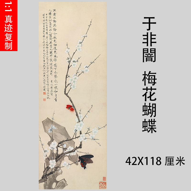 近代于非闇 梅花蝴蝶图工笔花卉立轴装饰画微喷复制学习临摹画稿图片