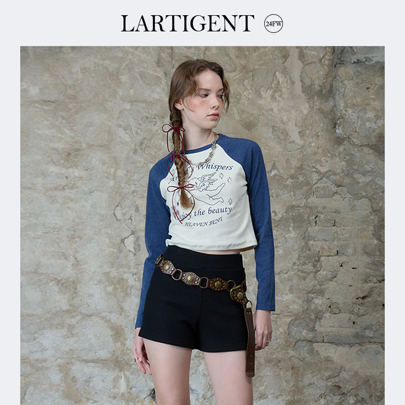 LARTIGENT天使印花插肩袖长袖T恤衫撞色短款上衣女士内搭打底衫