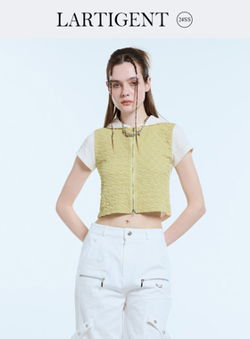 LARTIGENT 24夏款网眼短袖针织连帽衫女小众设计感辣妹开衫短上衣