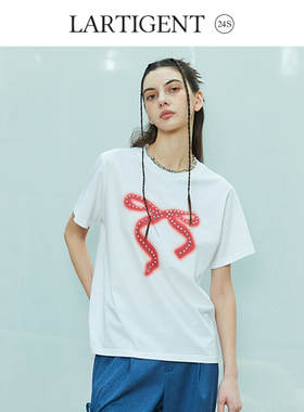 LARTIGENT张元英同款蝴蝶结印花正肩短袖T恤女纯棉圆领内搭打底衫