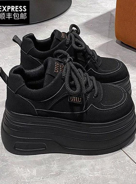 黑色小个子7cm厚底松糕鞋女202春秋季新款轻便板鞋休闲运动鞋耐脏