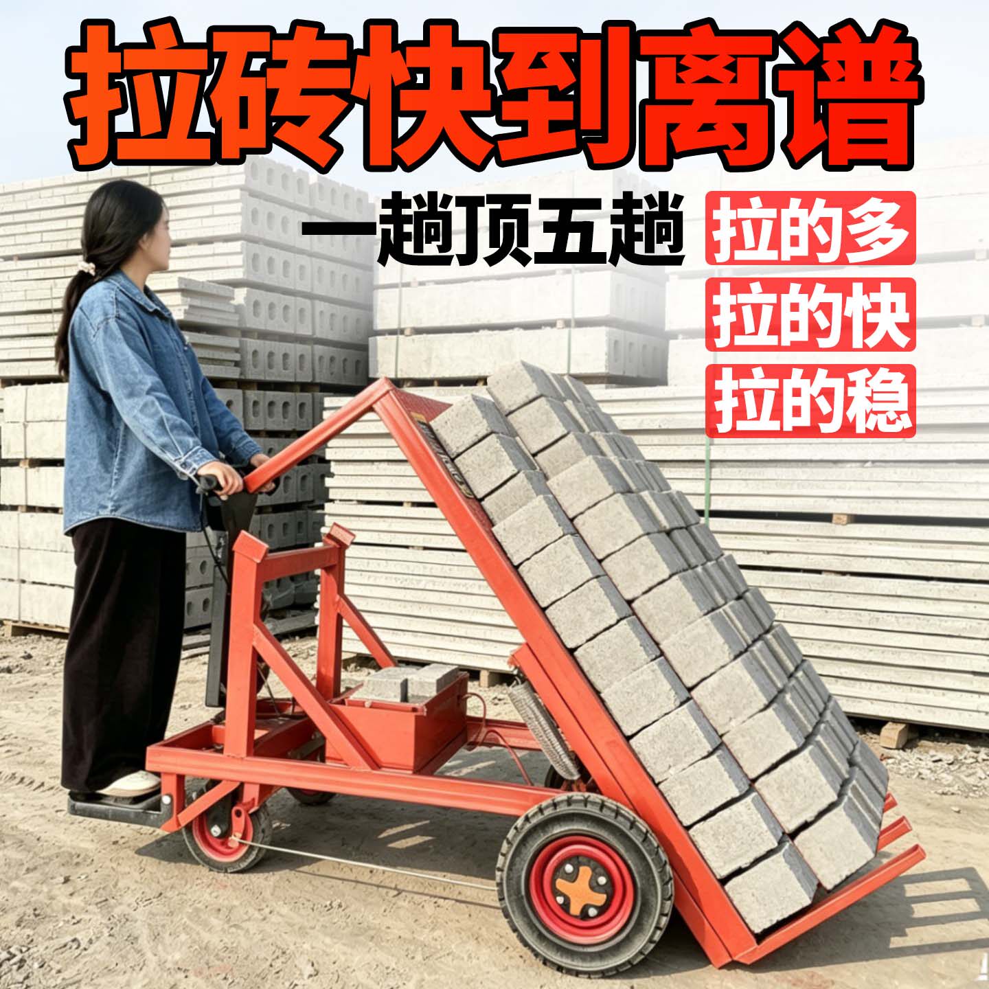 建筑工地叉砖平板三轮手推站架斜坡拉砖车电动斜板车加气块搬运车