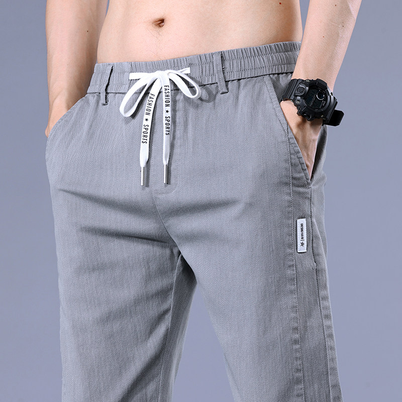 夏季薄款松紧腰休闲裤男士宽松直筒男裤子绑带款百搭休闲长裤男款