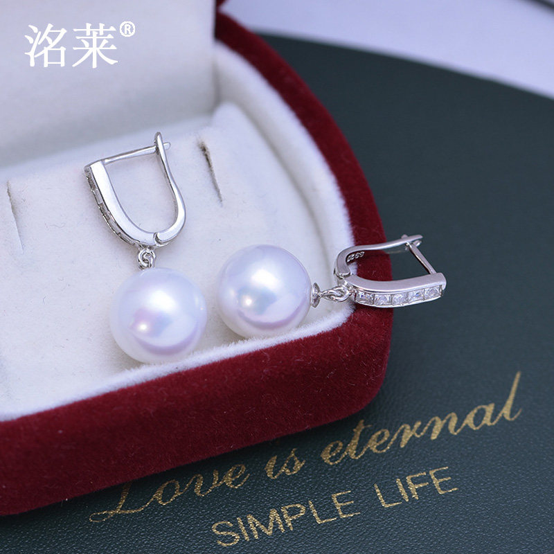 洺莱珠宝淡水珍珠11-12mm正圆强光细微瑕耳扣耳环s925银 青霓