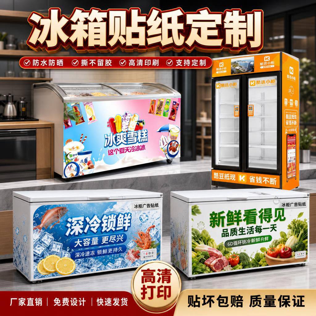 冰箱冰柜海报贴纸广告定制自粘喷绘画面定制广告海报PP背胶贴纸