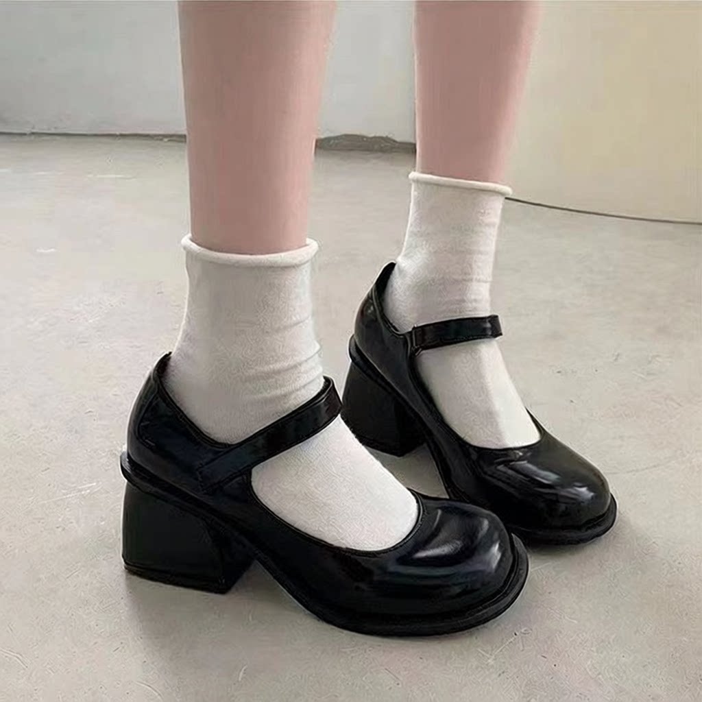 法式玛丽珍高跟鞋女新款气质仙女风粗跟黑色单鞋小皮鞋魔术贴