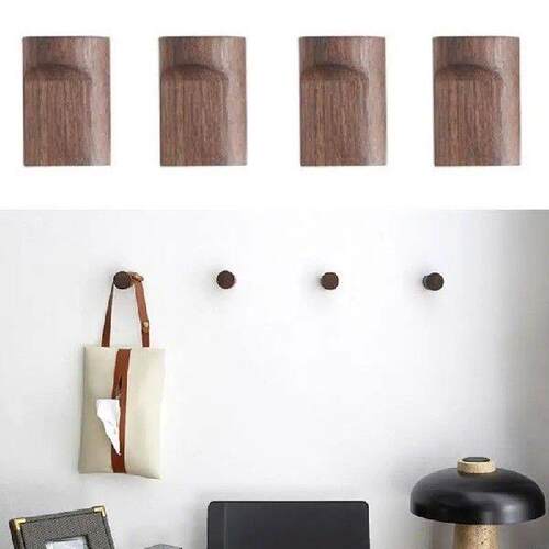 L9NB 4Pcs Natural Wooden Wall Hooks Punch-Free No Drilling