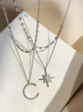 sterling Star Moon Double Necklace Women Clavicl