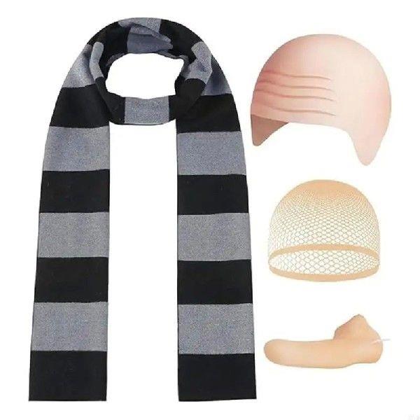 R7UD Bald Hat Set for Man Adults Black Gray Striped Scarf