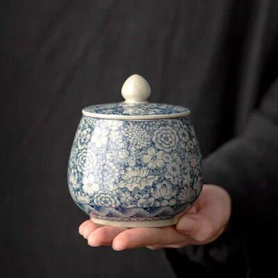 Vintage Blue and White Porcelain Sealed Jar Coffee Bean Tea