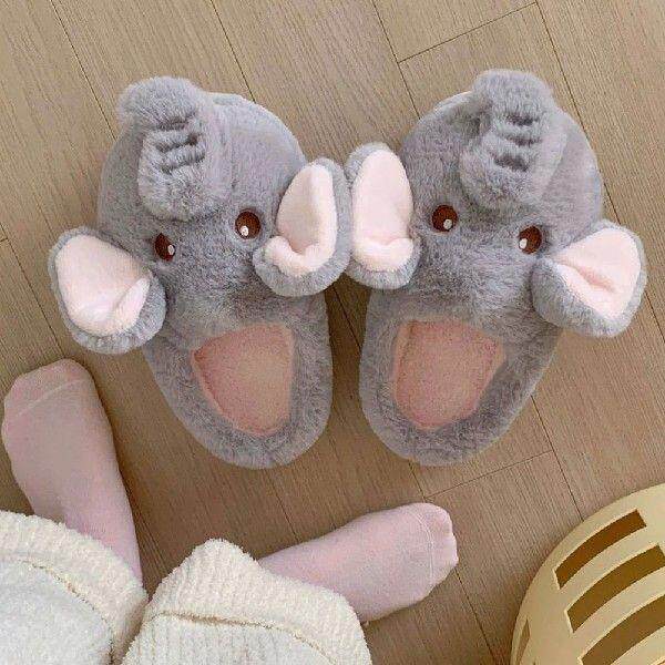 Plush Elephant Slippers Fluffy Couple Slippers Cute Furry
