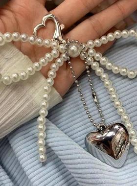 White Bowknot Heart Keychain Women Sweet Charm Pearl Bow Bac