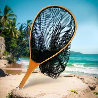 Wooden Handle Fishing Landing Net Soft Rubber Mesh Fly