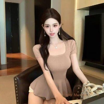 1 Pc Summer French Style Solid Color Square Neck Short