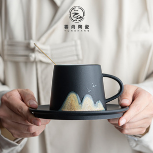 陶瓷手绘山河咖啡杯家用水杯带勺盘下午茶杯子创意马克杯礼盒套装
