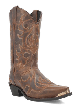 美国代购Laredo男靴复古棕秋季秋款尖头西部靴刺绣金属鞋头牛仔靴