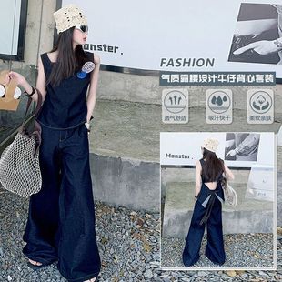 时髦一体绒阔腿牛仔裤 女童长袖 韩版 针织衫 两件套 毛衣2025秋冬新款