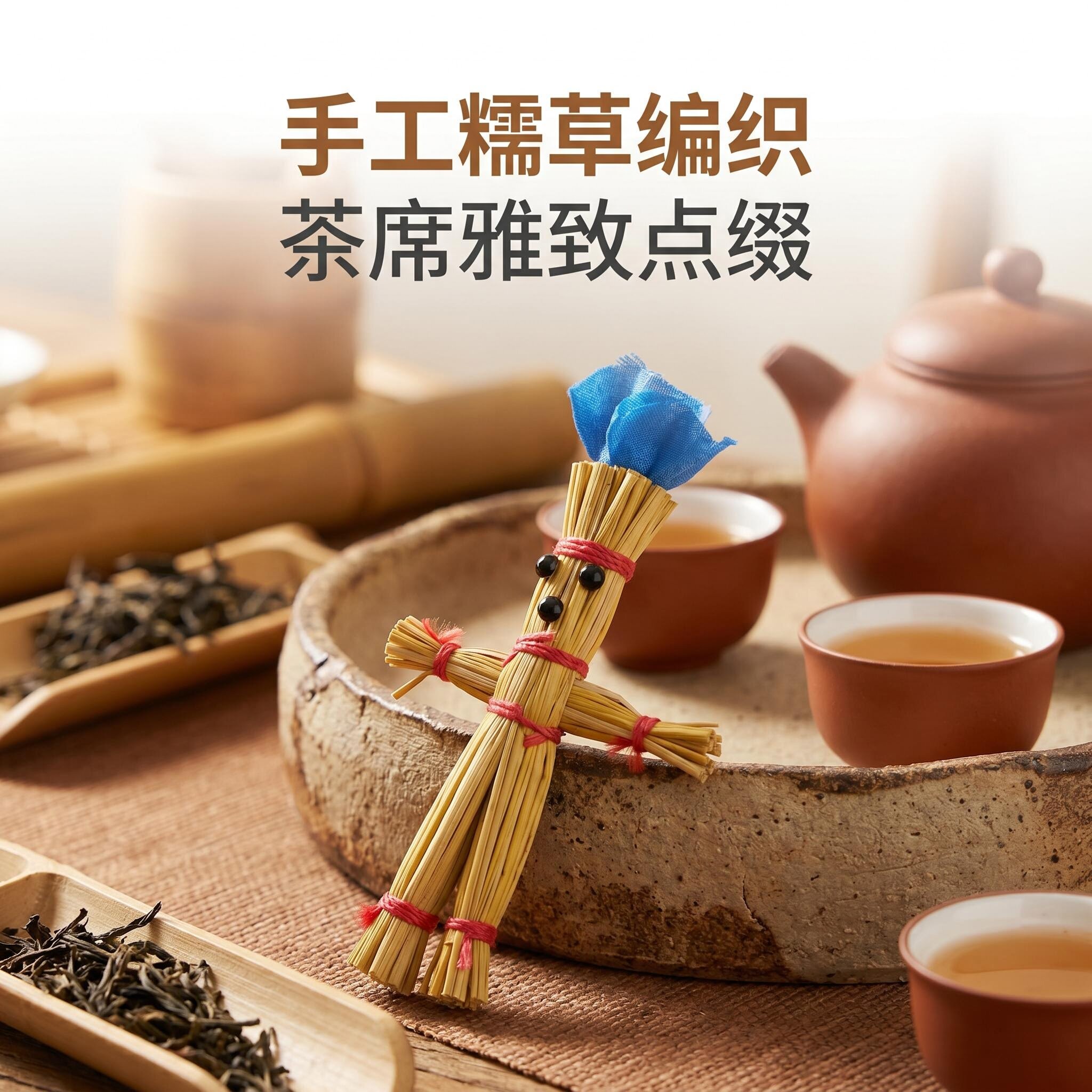 手工编织糯草人带帽桌面摆件