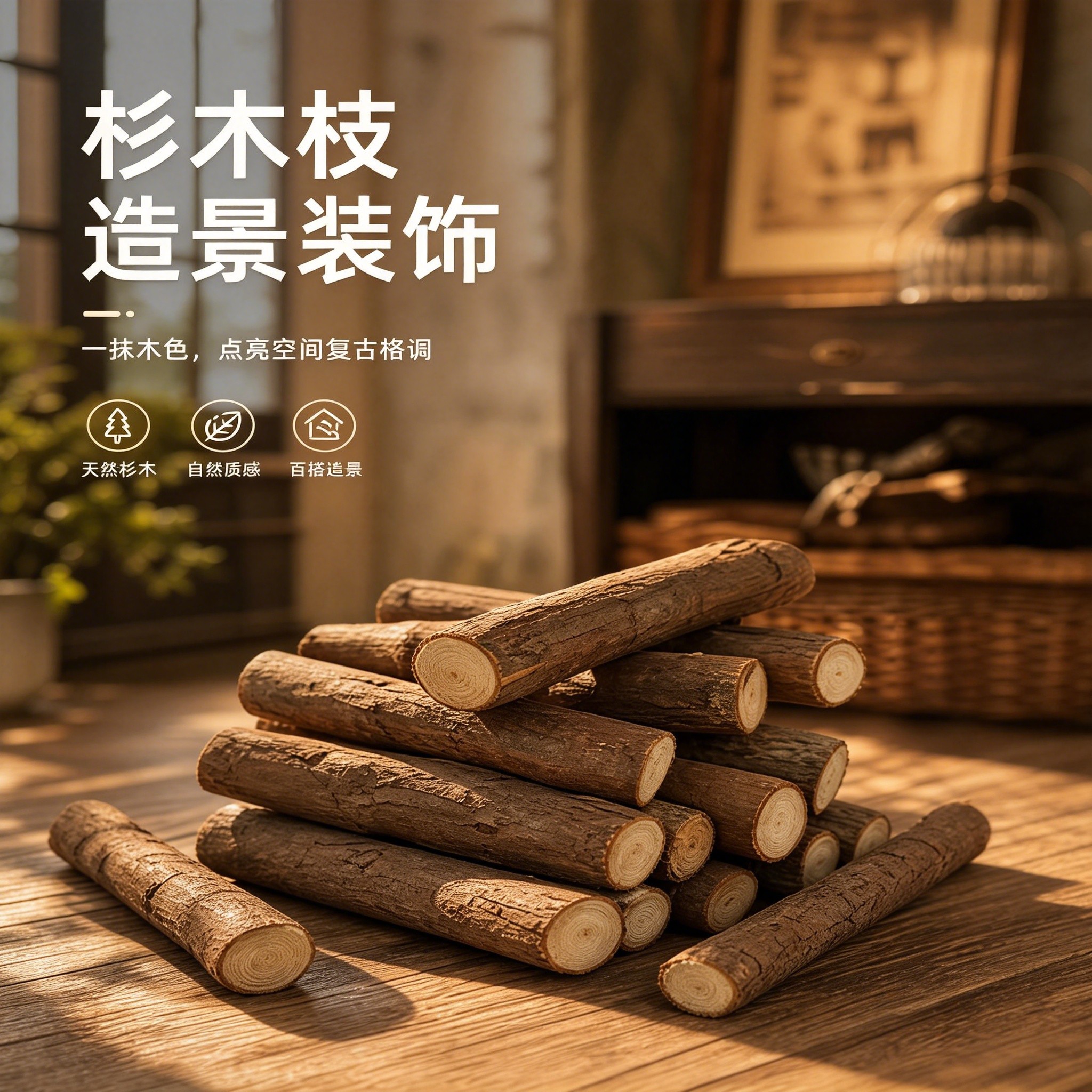 圆杉树枝木柴铺米装饰庭院造景