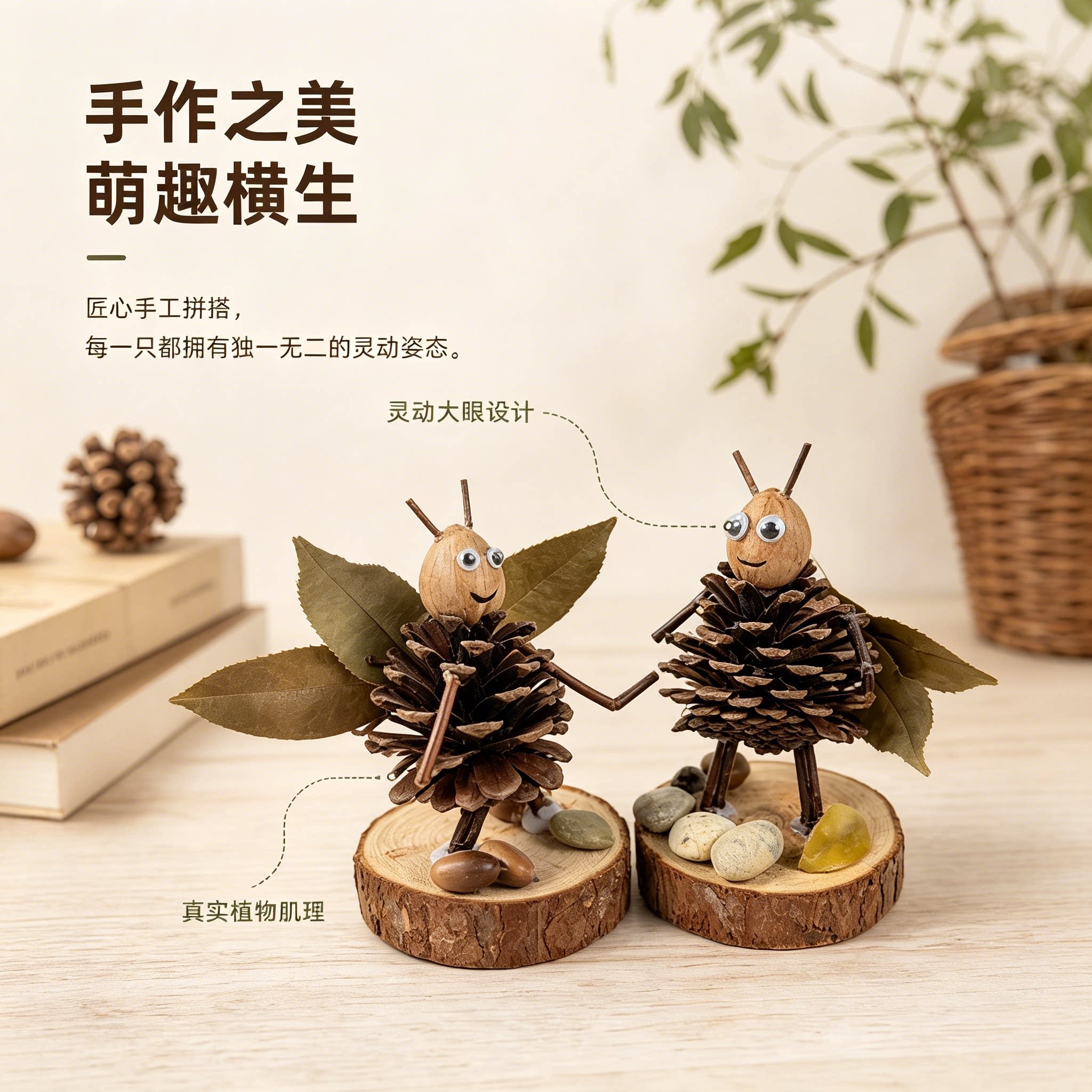 手工松果小蜜蜂治愈摆件展柜手作