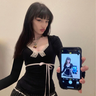 打底上衣夏 T恤bm风撞色系带修身 AOMR 少女纯欲蕾丝蝴蝶结拼接长袖