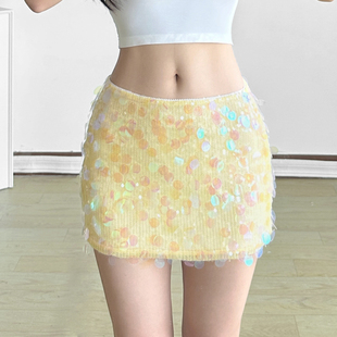 AOMR波光粼粼明黄色亮片拼接包臀短裙辣妹性感花边低腰显瘦半身裙