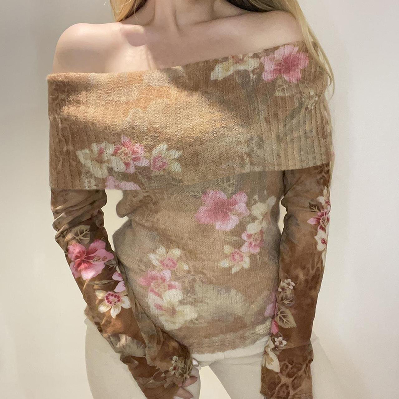 法式浪漫印花翻领露肩针织衫上衣