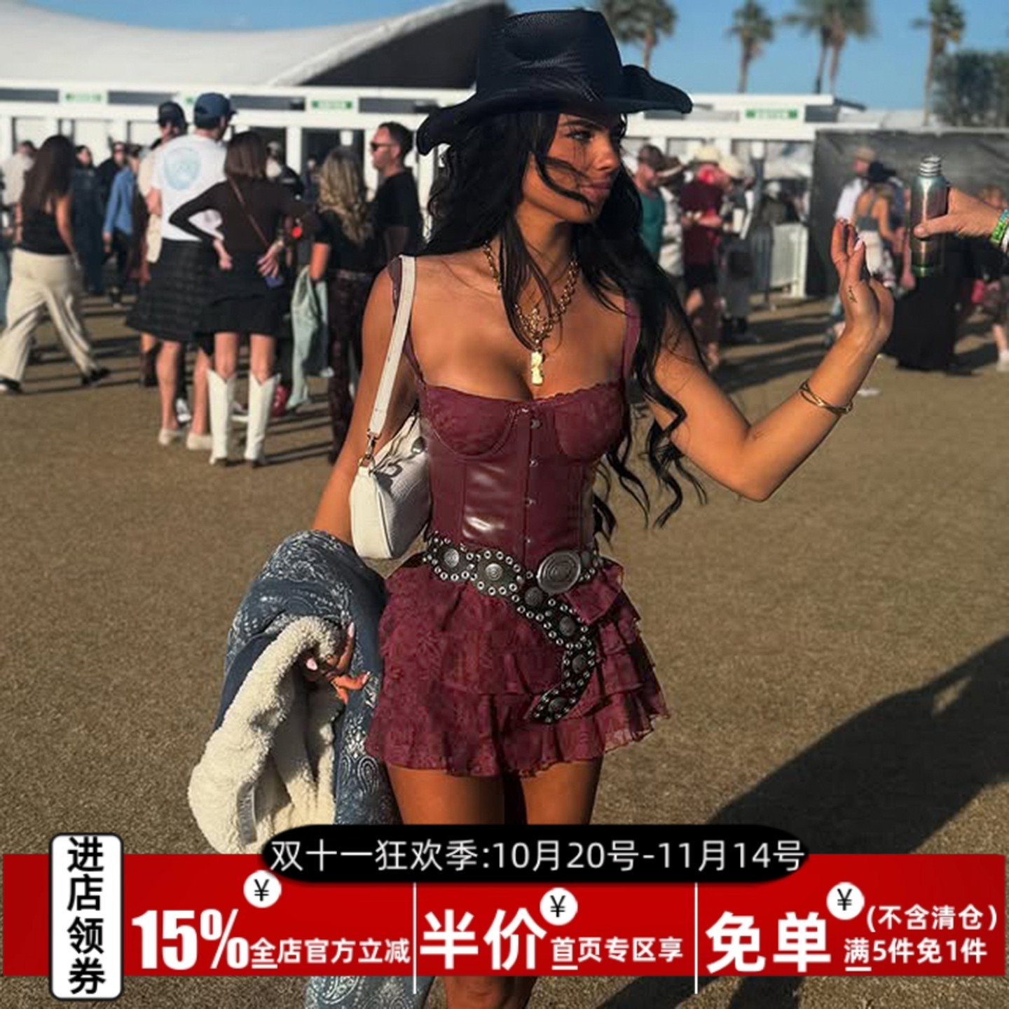 欧美街头蕾丝蛋糕抹胸连衣裙套装