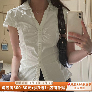 AOMR美式 上衣 女纯色褶皱排扣POLO领短袖 复古后背绑带收腰显瘦衬衫