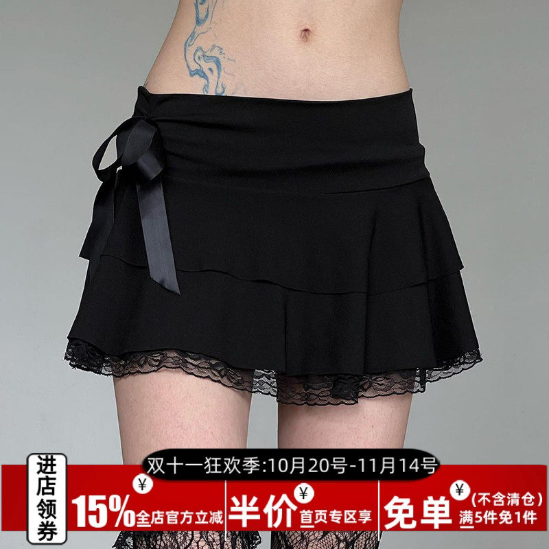 AOMR 黑色蝴蝶结蕾丝拼接A字半身裙女小众高腰显瘦双层蛋糕短裙潮