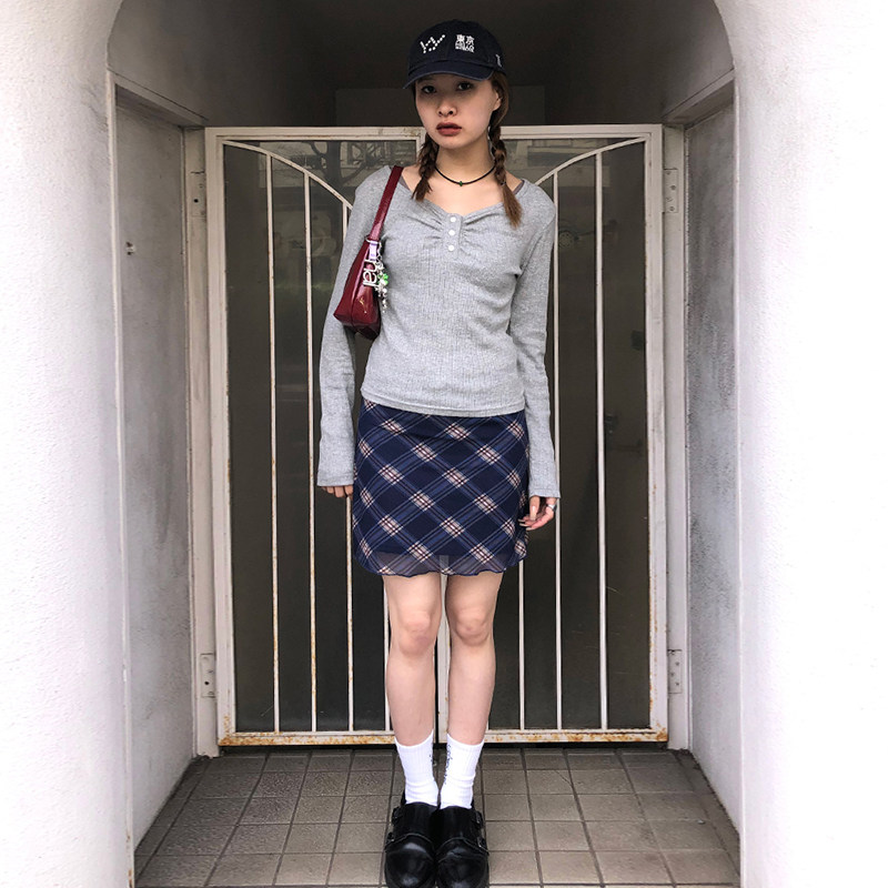 AOMR街头复古格纹低腰双层网纱半身裙辣妹百搭修身显瘦包臀短裙夏