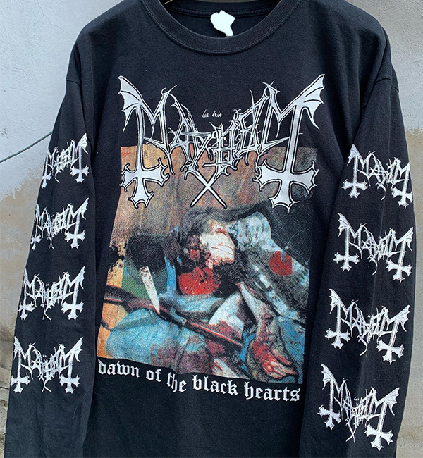 罕见水洗重磅破坏tee！挪威黑金摇滚Mayhem高街Vintage长袖T恤