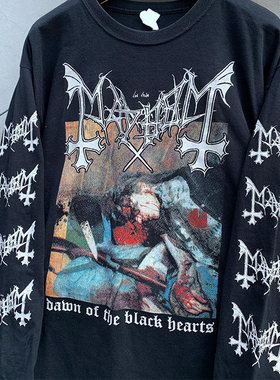 罕见水洗重磅破坏tee！挪威黑金摇滚Mayhem高街Vintage长袖T恤