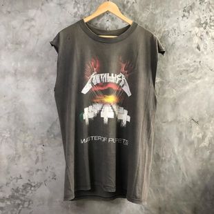高街穿搭Metallica美式复古背心vintage重磅加大码无袖砍袖T恤男
