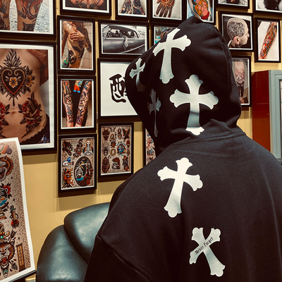 冰谷 国潮原创街头复古西海岸Tattoo十字架连帽卫衣男宽松纹身师
