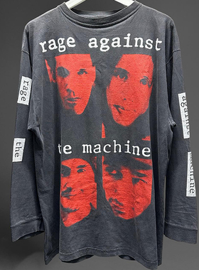 Rage Against the Machine乐团大印花Vintage水洗做旧重磅长袖T恤