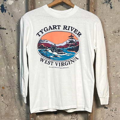 90s River rafting 嘻哈摇滚水洗做旧Vintege圆领重磅长袖T恤