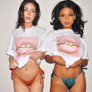 Y2K嘴唇金牙个性复古水洗做旧Vintage嘻哈风Oversize重磅短袖T恤