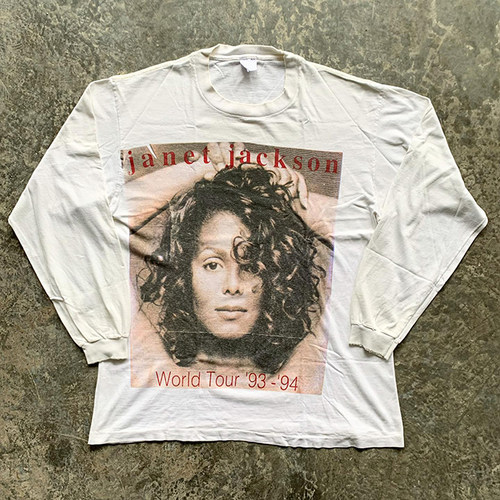 珍妮杰克逊音乐专辑欧美vintage嘻哈大码古着感重磅水洗做旧长袖T