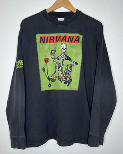 Nirvana摇滚乐队！美式重磅vintage大码复古水洗做旧长袖T恤