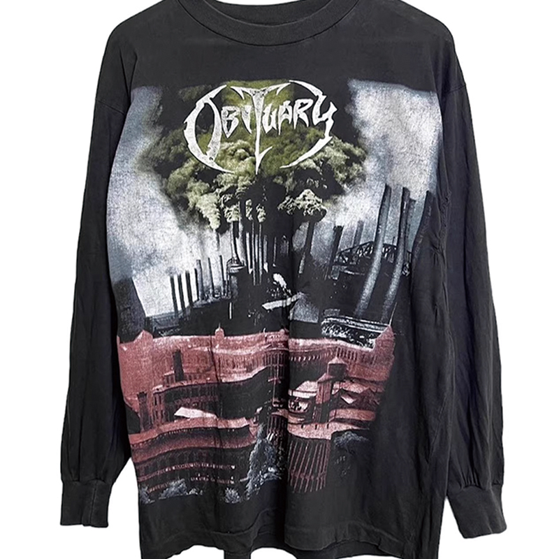 90s Obituary美国死亡金属乐队复古古着感做旧大码重磅长袖T恤